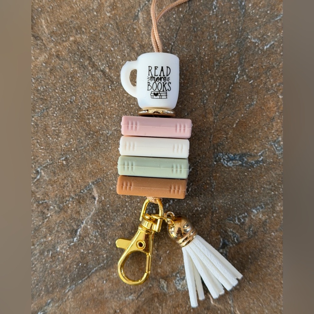Stacked Books Keychain with Mug Charm